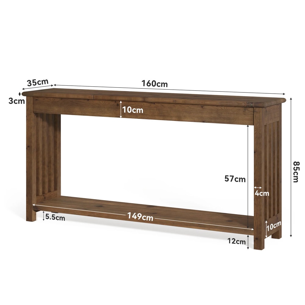 Konsolbord i massivt trä med 2 hyllplan 160cm - Brun / Hallbord i trä / Avlastningsbord