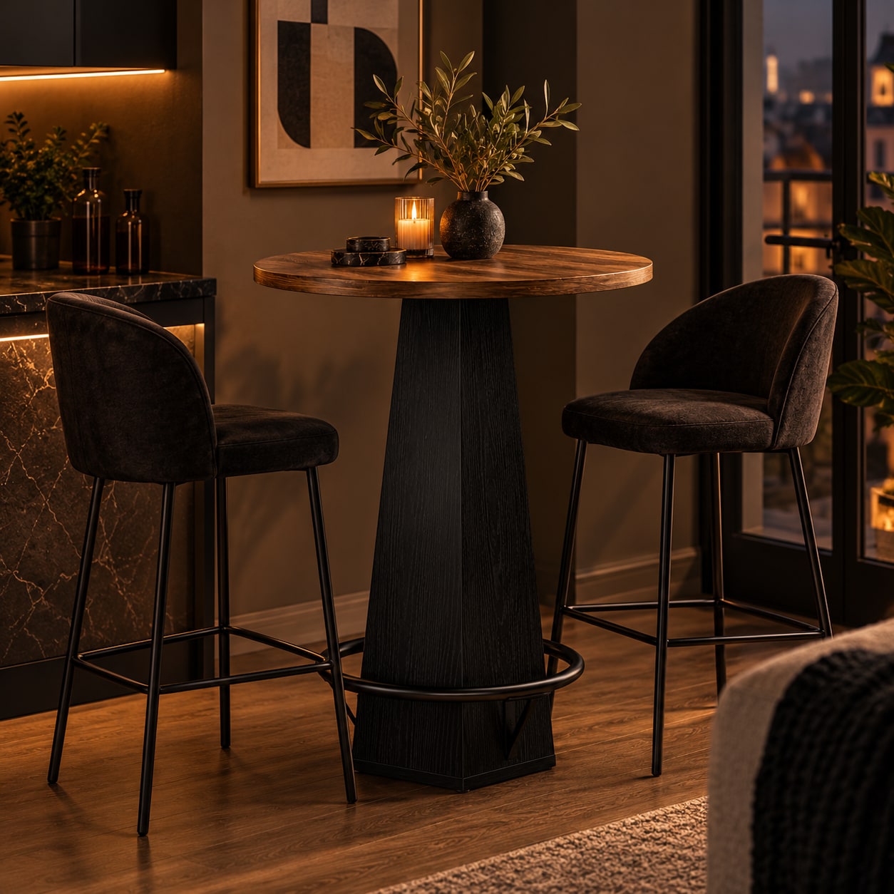 Runt barbord för 2 personer med fotstöd - Brun/Svart / Bistrobord / Högt cocktailbord