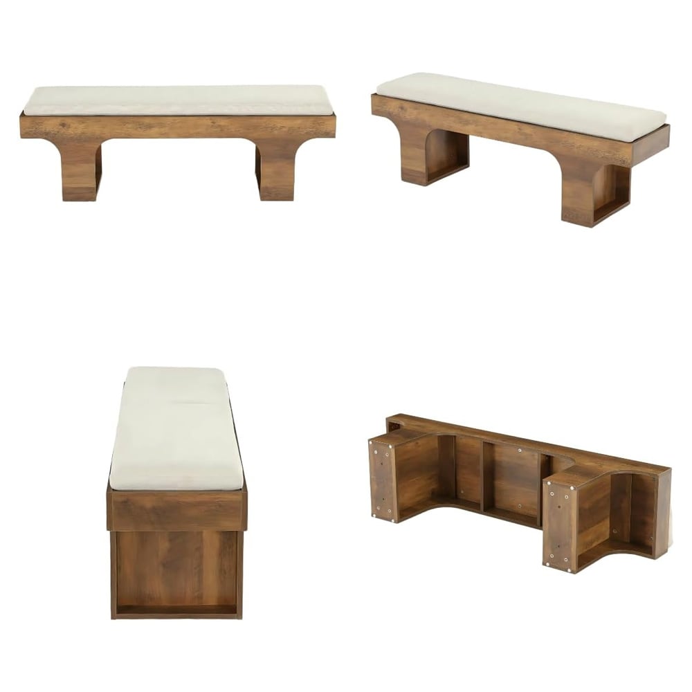 Sittbänk 140×35×45 cm med dyna i linnetyg / hallbänk / sängbänk – Rustik brun/beige