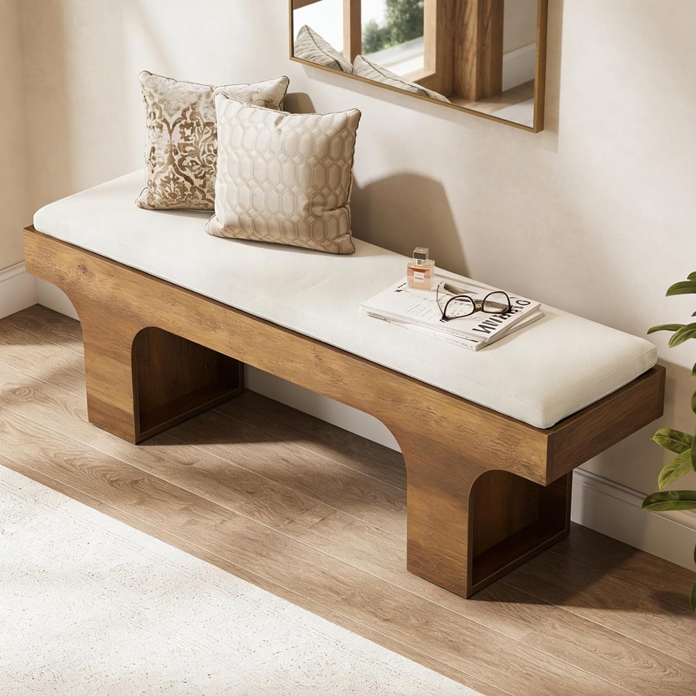 Sittbänk 140×35×45 cm med dyna i linnetyg / hallbänk / sängbänk – Rustik brun/beige