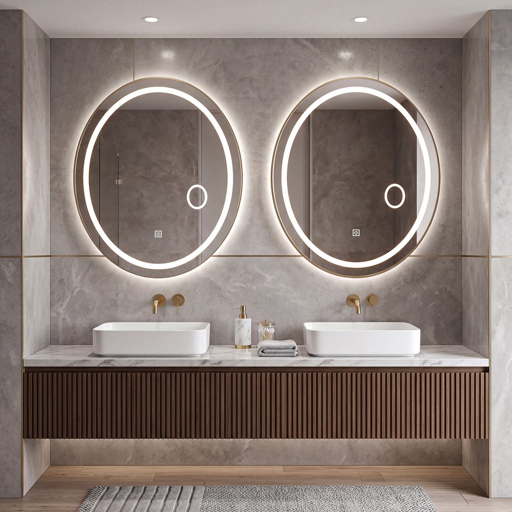 Oval badrumsspegel med LED-belysning 60x50cm, dimbar - Guld / Väggspegel med ljus / Sminkspegel
