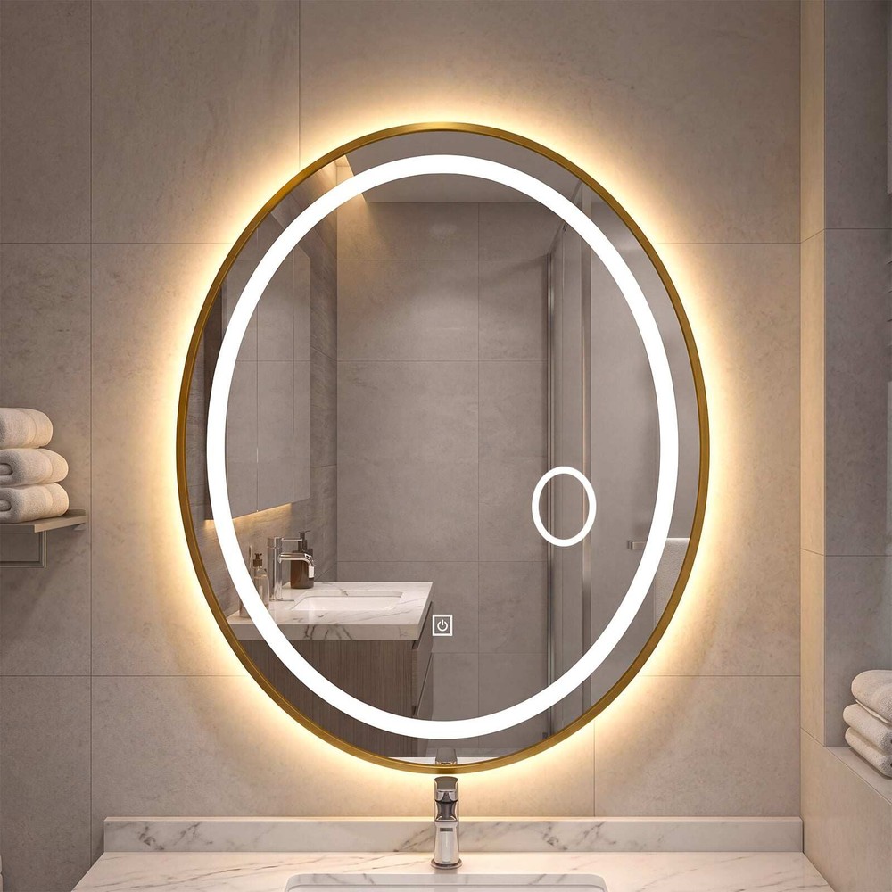 Oval badrumsspegel med LED-belysning 60x50cm, dimbar - Guld / Väggspegel med ljus / Sminkspegel