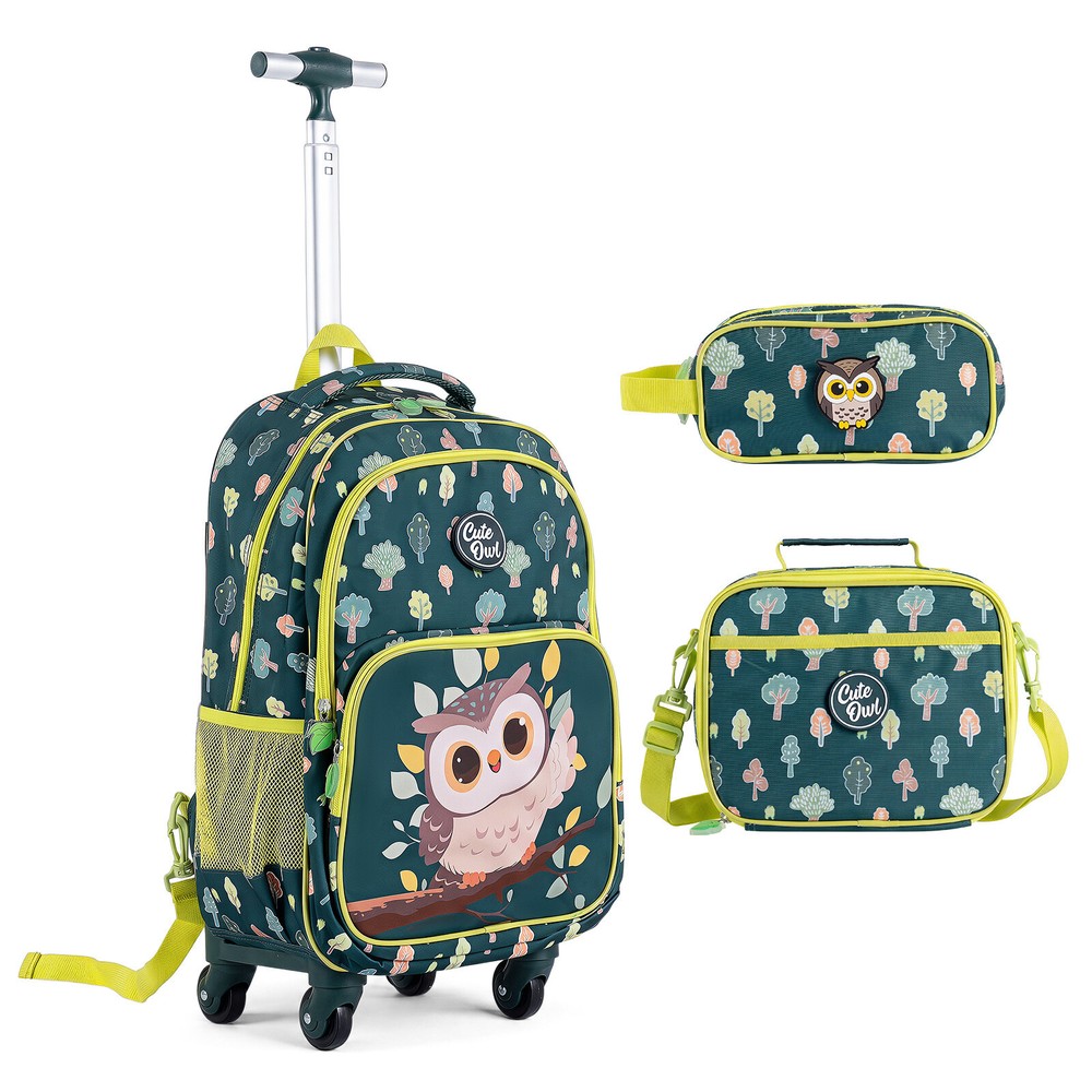 Skoleveske på hjul med uglemotiv, 3 deler – Grønn / Skoletrolley / Ryggsekk-trolley