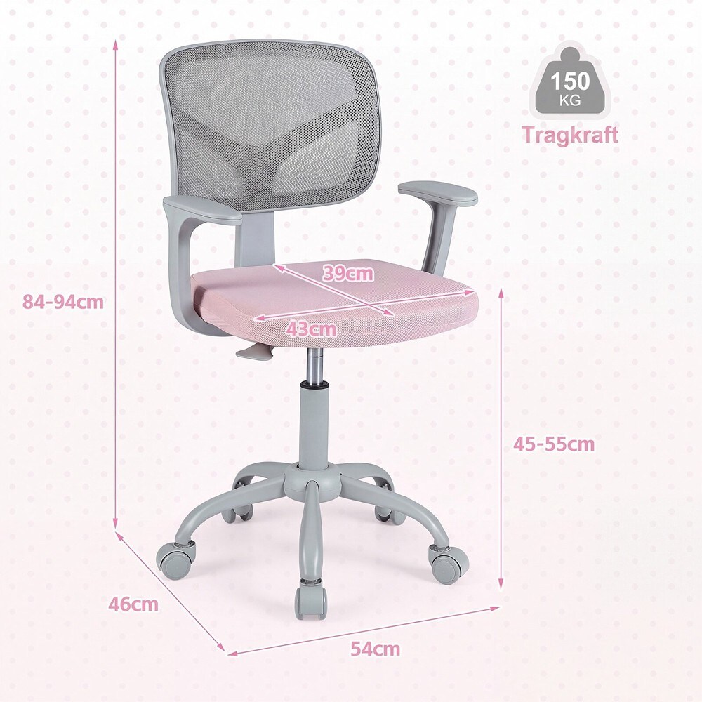 Skrivbordsstol för barn, höj- och sänkbar med hjul - Rosa / Barnstol för skrivbord / Snurrstol