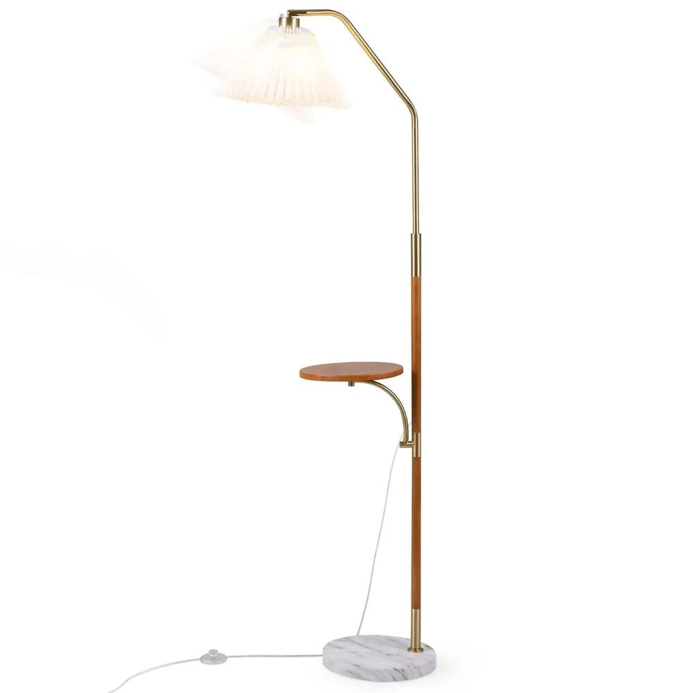 Golvlampa 160cm med hylla och plisserad pappersskärm - Guld / Stålampa / Läslampa