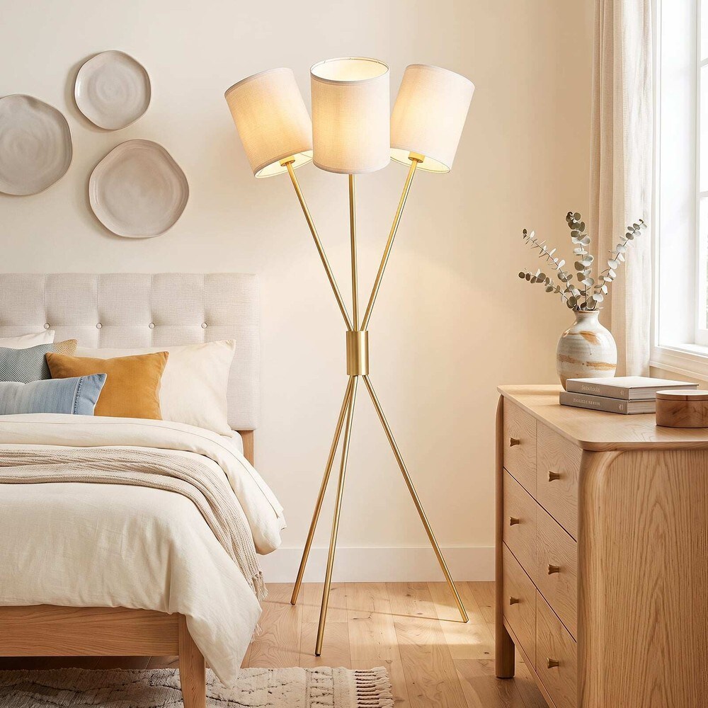 Golvlampa med 3 tygskärmar och metallram - Guld / Trefotslampa / Dekorativ stålampa