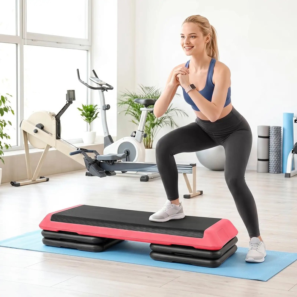 Stepbrett for aerobic, justerbart i høyden med 4 klosser – Rød / Aerobicbrett / Step-up-brett