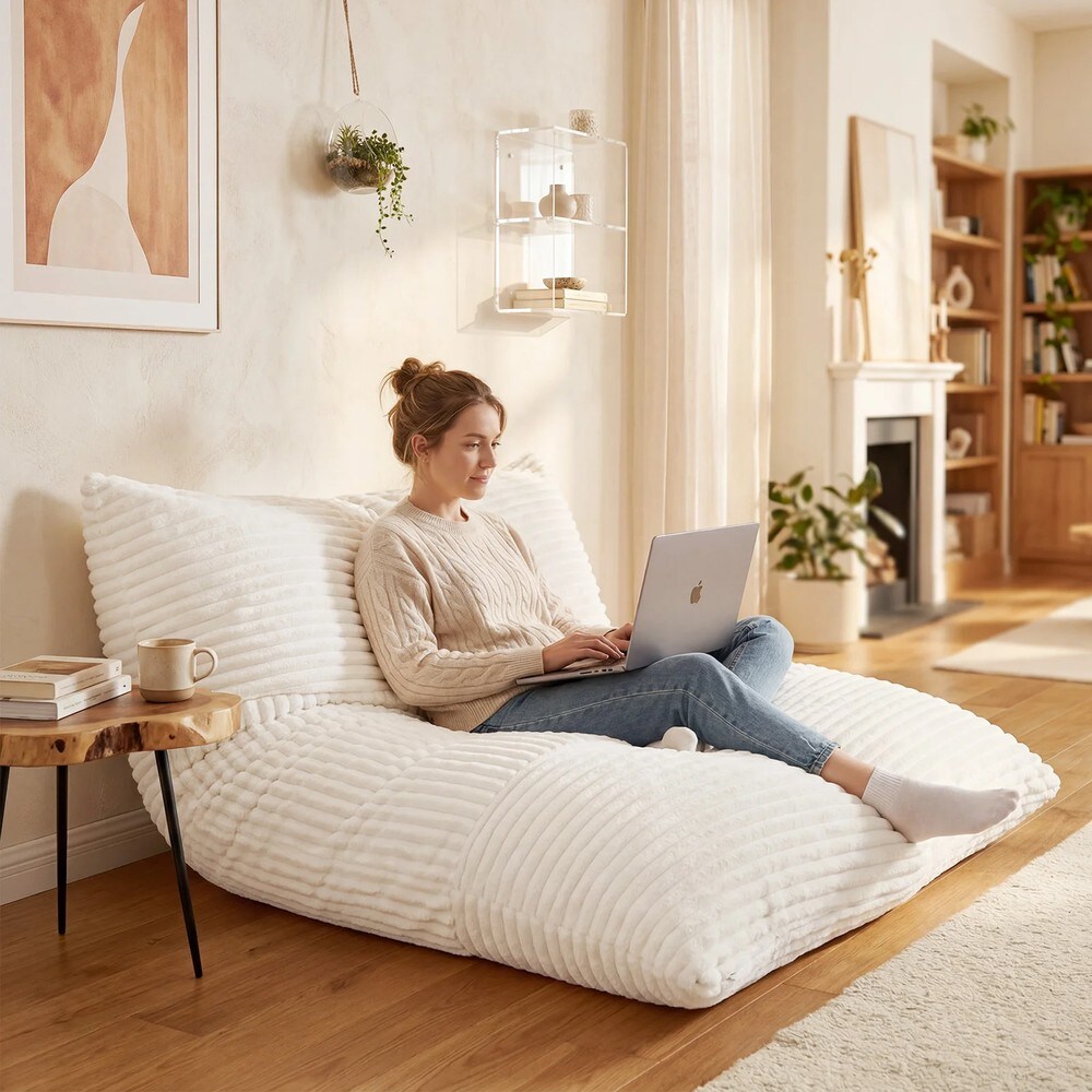 Bäddbar golvsoffa/sittsäck med tvättbar manchesterklädsel - Beige / Golvkudde / Liggkudde