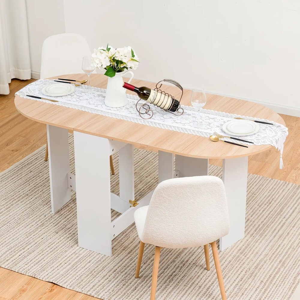Hopfällbart ovalt bord för 4-7 personer 163x80cm - Natur/Vit / Slagbord / Klaffbord