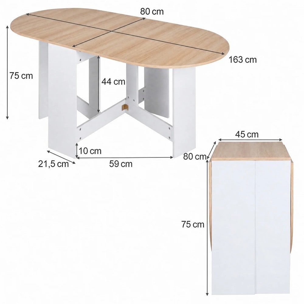Hopfällbart ovalt bord för 4-7 personer 163x80cm - Natur/Vit / Slagbord / Klaffbord