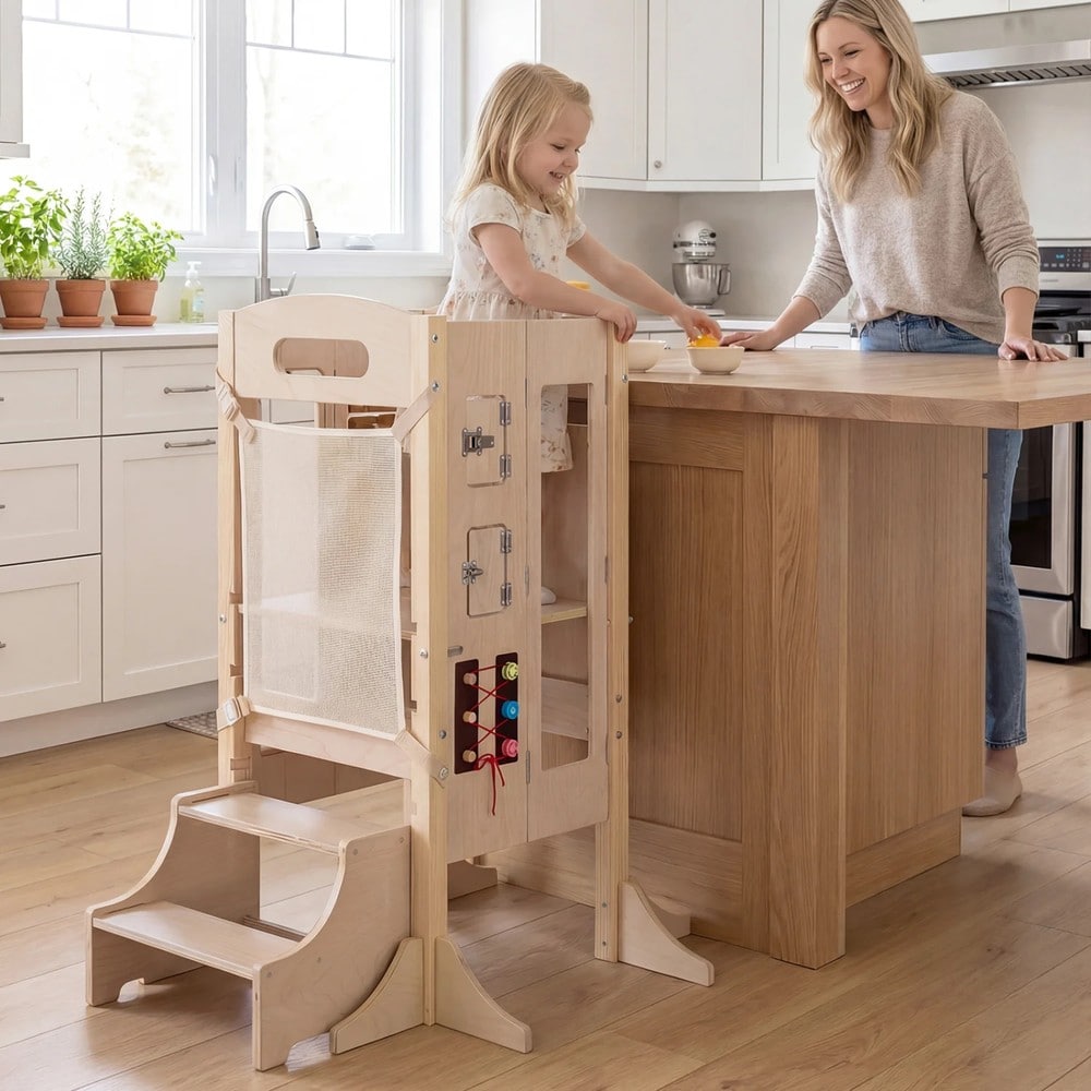 Lasten kaksiportainen, kokoontaitettava puinen oppimistorni / Lasten keittiötuoli / Montessori-torni