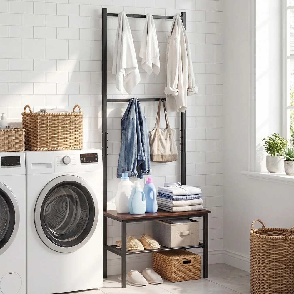 Hallmöbel 3-i-1 med krokar, skobänk och hylla / Garderobsställ / Sittbänk med klädkrokar