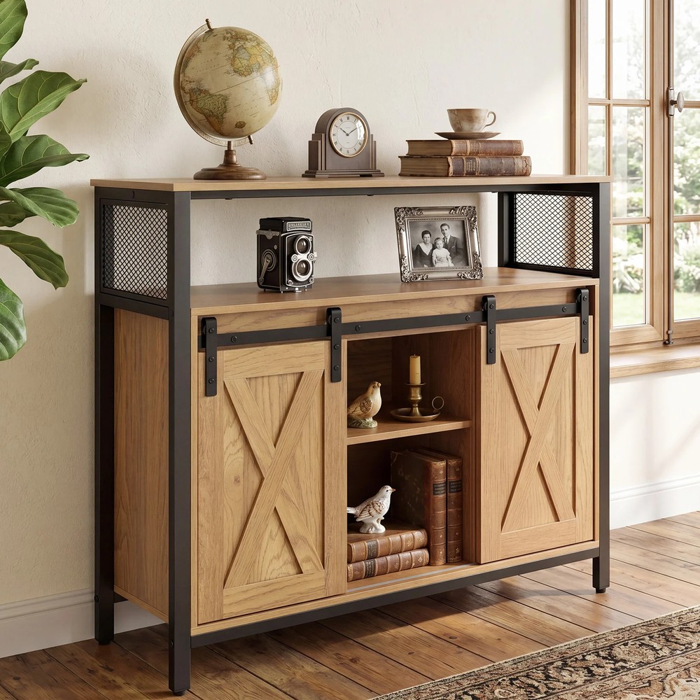 Skänk i trä med metallram och 2 skjutdörrar 100x33x80cm - Natur / Sideboard / Förvaringsskåp