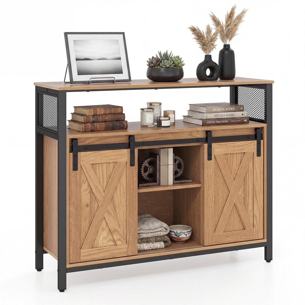Skänk i trä med metallram och 2 skjutdörrar 100x33x80cm - Natur / Sideboard / Förvaringsskåp