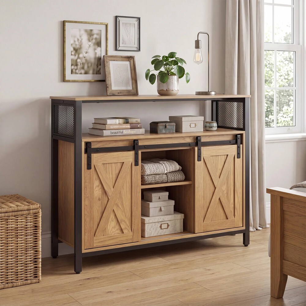 Skänk i trä med metallram och 2 skjutdörrar 100x33x80cm - Natur / Sideboard / Förvaringsskåp