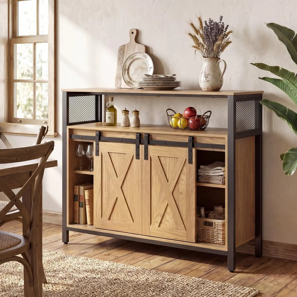 Skänk i trä med metallram och 2 skjutdörrar 100x33x80cm - Natur / Sideboard / Förvaringsskåp