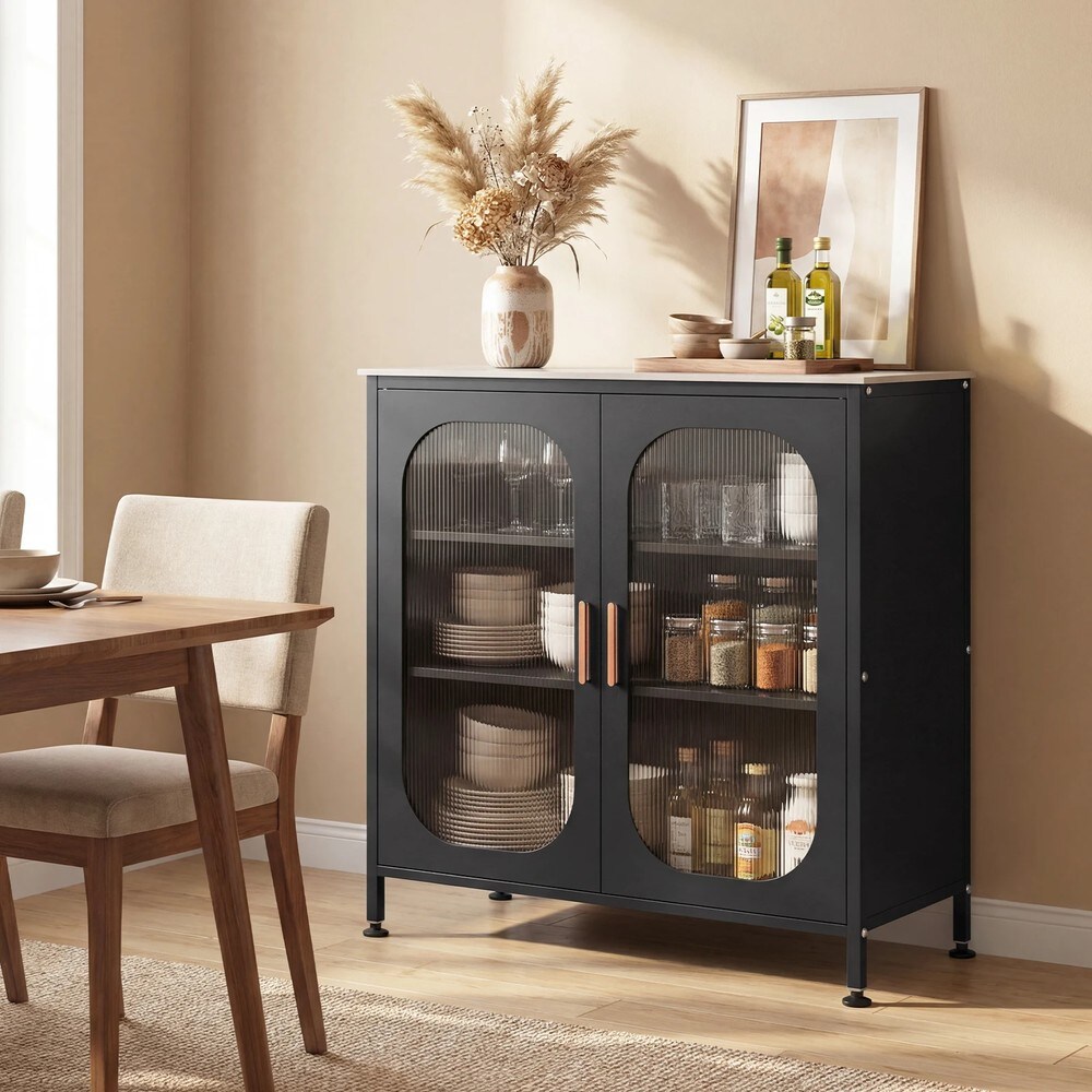 Skänk med justerbar hylla och halvtransparenta dörrar - Svart / Sideboard / Förvaringsskåp