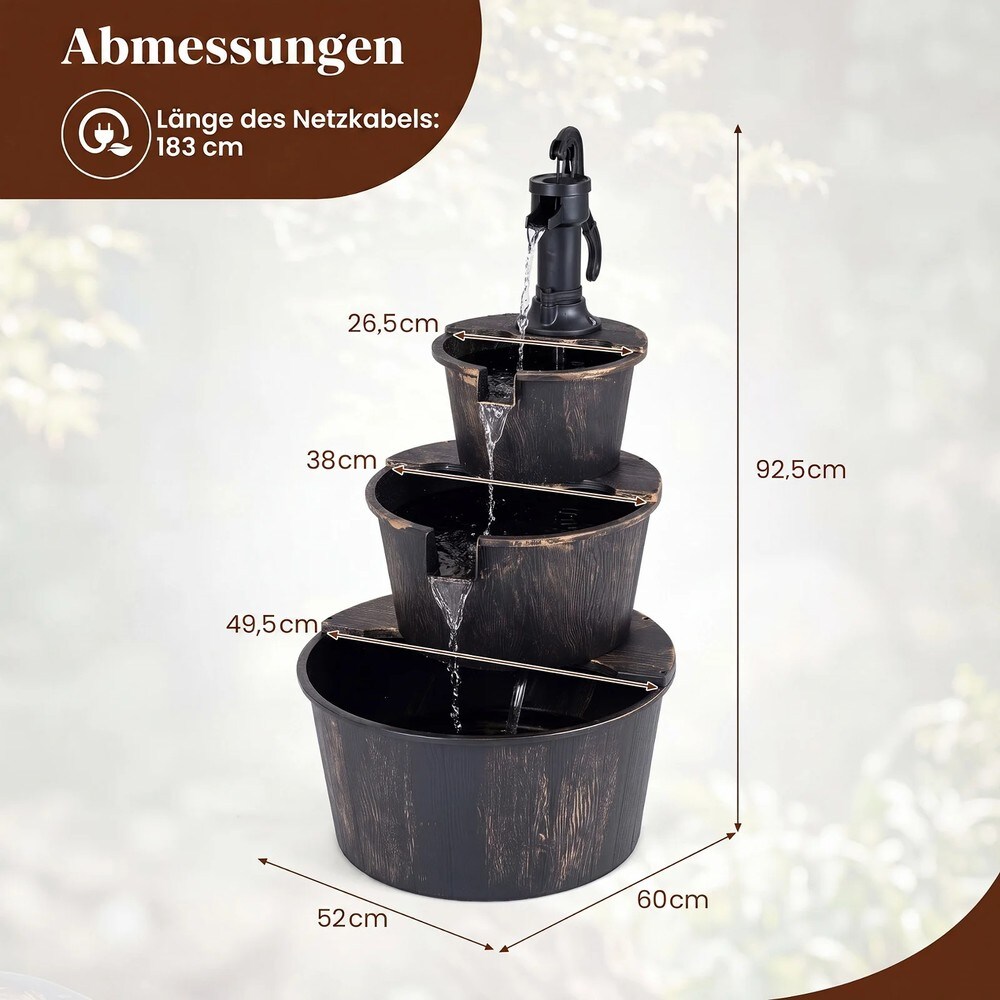 Trädgårdsfontän i 3 nivåer med pump, trätunnedesign / Vattenfallsfontän / Prydnadsfontän