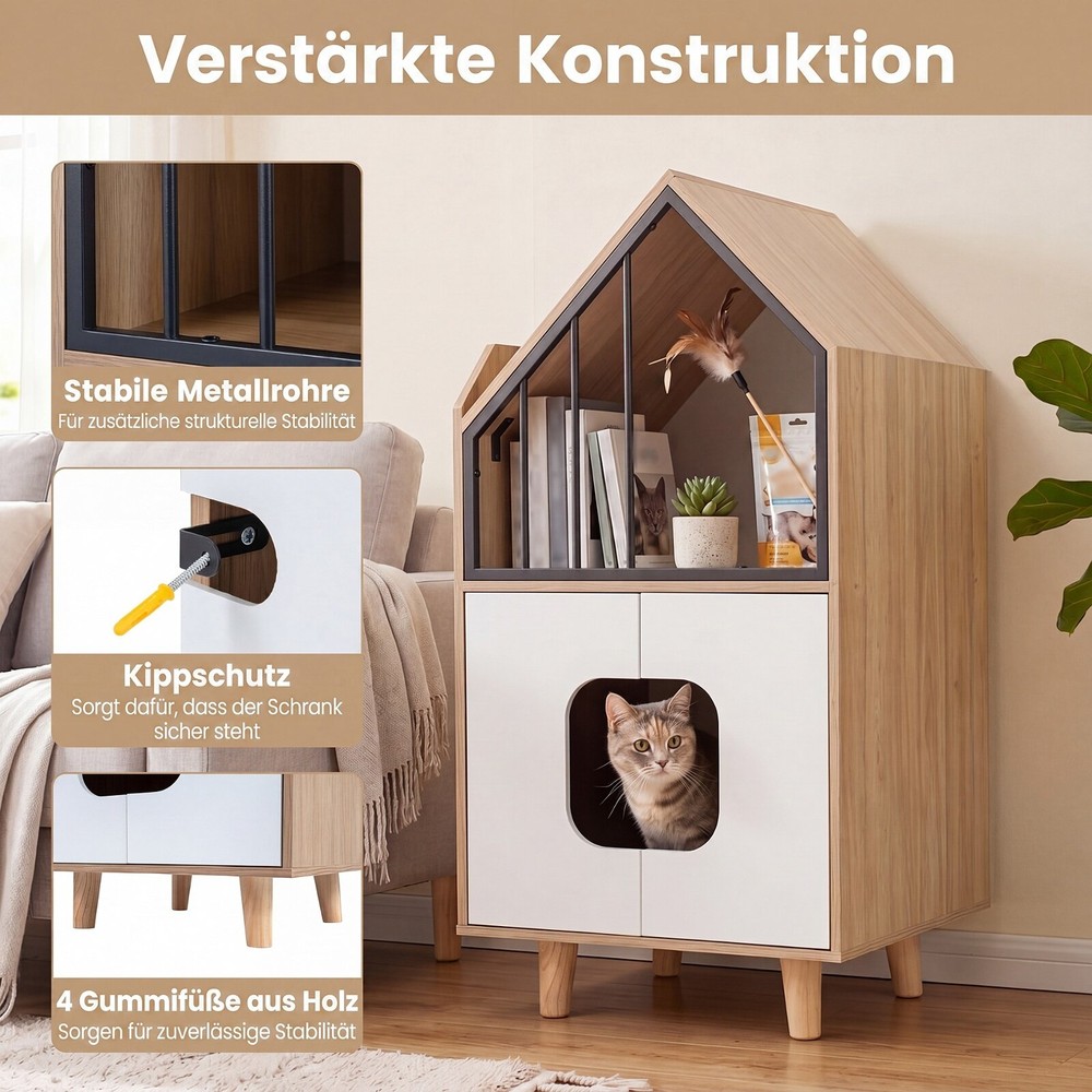 Kissalaatikkokaappi, jossa on hylly ja 2 ovea – Luonnonväri / Kissalaatikon kalusteet / Kissatalo, jossa on säilytystilaa
