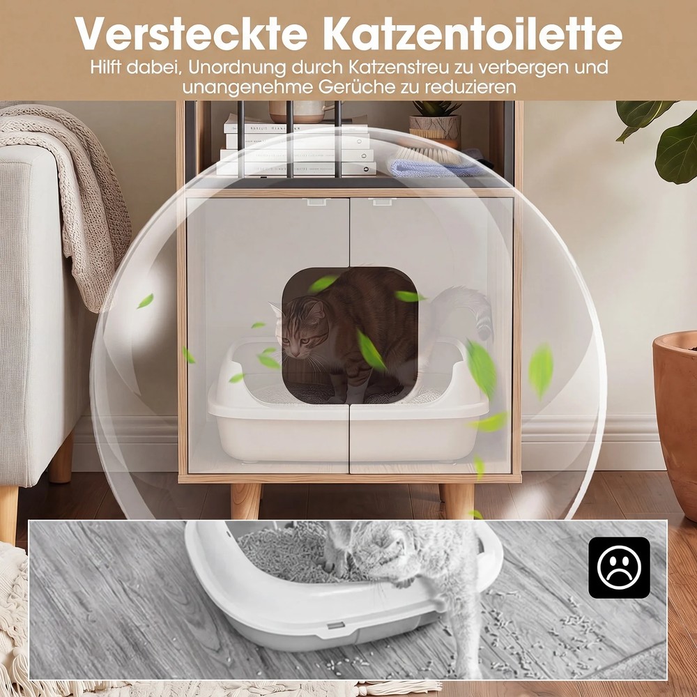 Kissalaatikkokaappi, jossa on hylly ja 2 ovea – Luonnonväri / Kissalaatikon kalusteet / Kissatalo, jossa on säilytystilaa