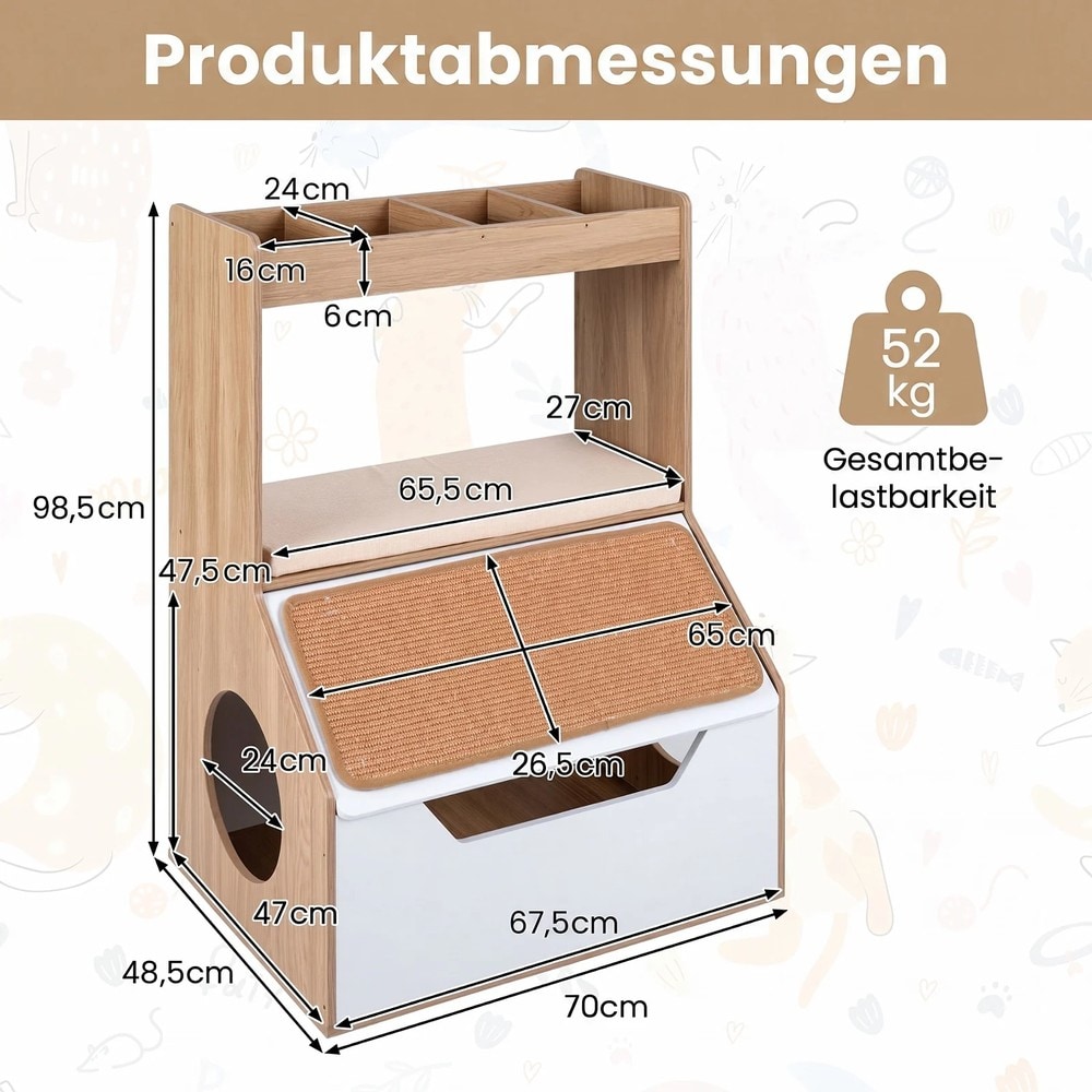 3-in-1-kissakaluste, jossa on piilotettu kissanhiekkalaatikko, 4 lokeroa ja raapimismatto – Luonnonväri / Kissanhiekkalaatikkokaappi / Kissatalo