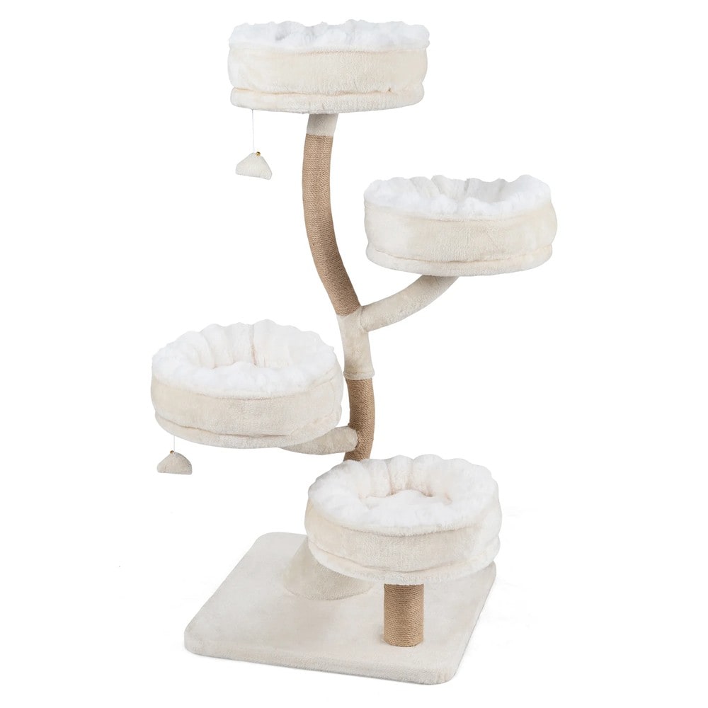 Puinen kiipeilypuu, 132 cm, 4 tasoa – Beige / Sisalilla varustetut kissanpuut / Kissanhuonekalut, joissa on makuupaikat