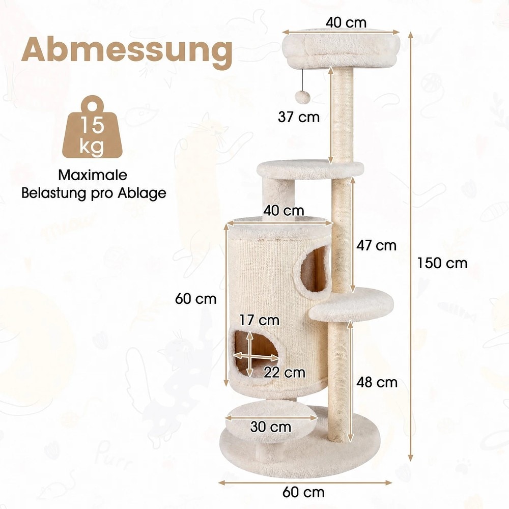 150 cm:n kiipeilypuu, 6 tasoa ja 2 kissaluolaa – Valkoinen / Kissatornit luolilla / Kiipeilypuut
