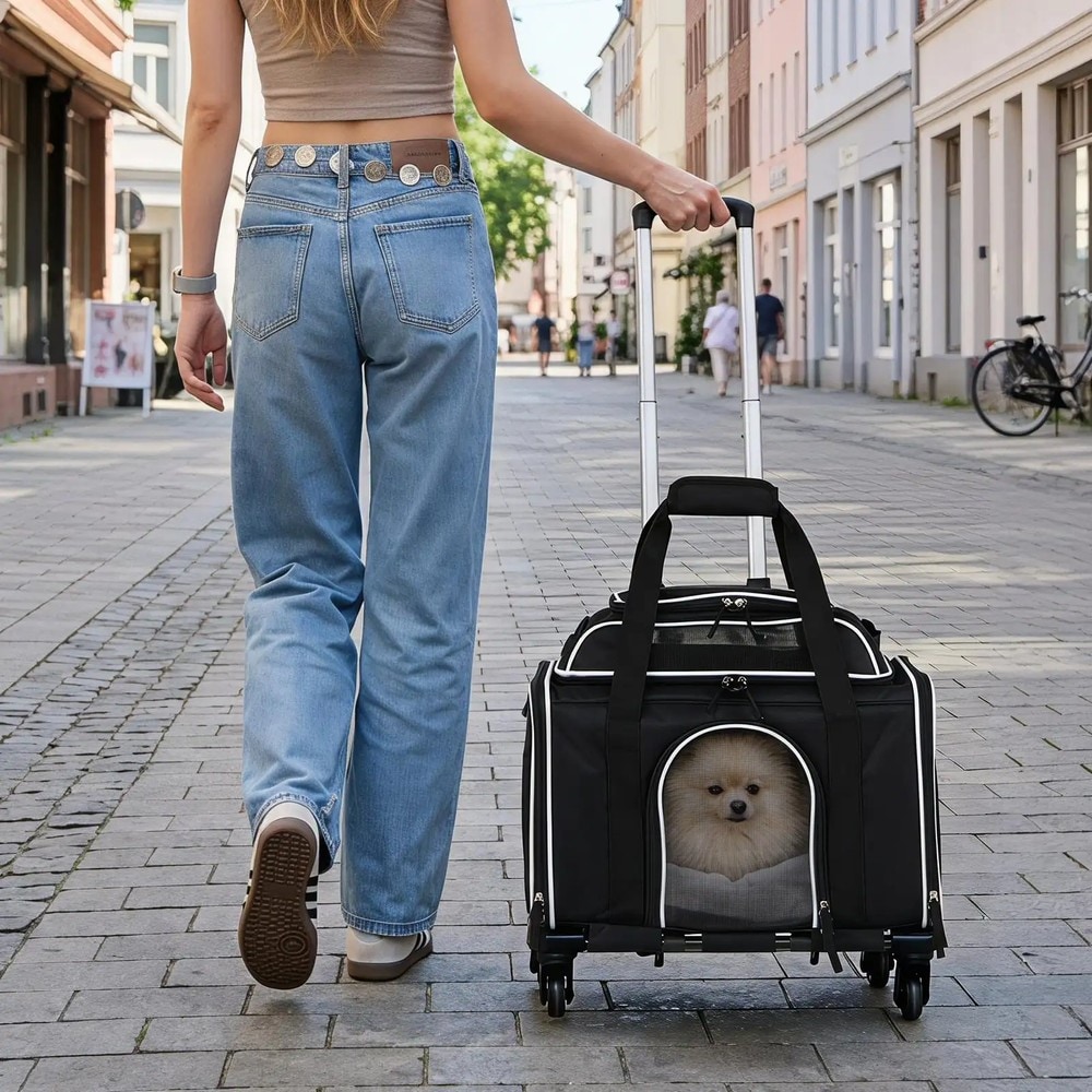 Hopfällbar transportväska för husdjur på hjul - Svart / Husdjurstrolley / Bärväska