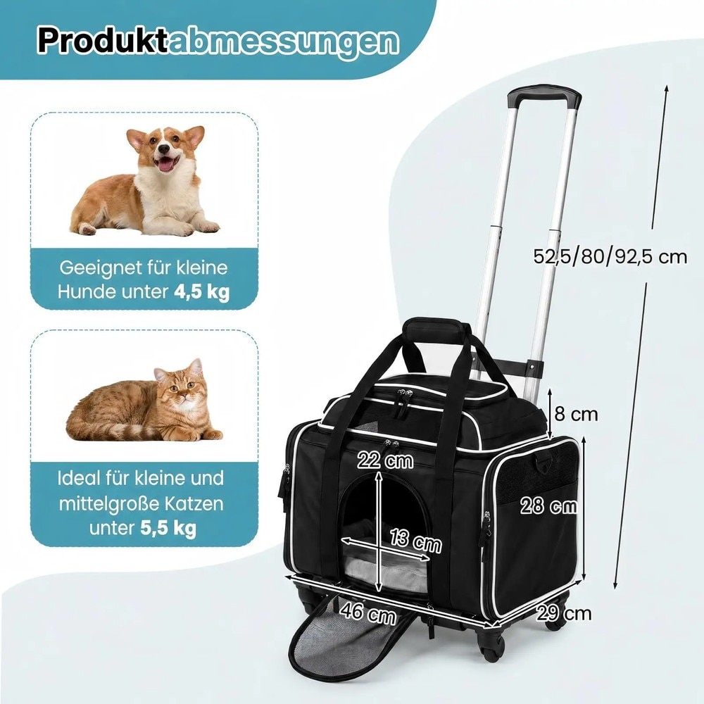 Hopfällbar transportväska för husdjur på hjul - Svart / Husdjurstrolley / Bärväska