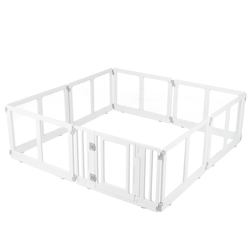 Hundhage i plast med 8 paneler och låsbar dörr - Transparent/Vit / Valphage / Hundstaket