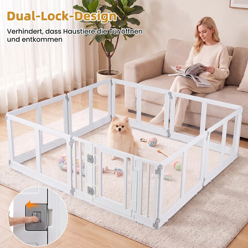 Hundhage i plast med 8 paneler och låsbar dörr - Transparent/Vit / Valphage / Hundstaket
