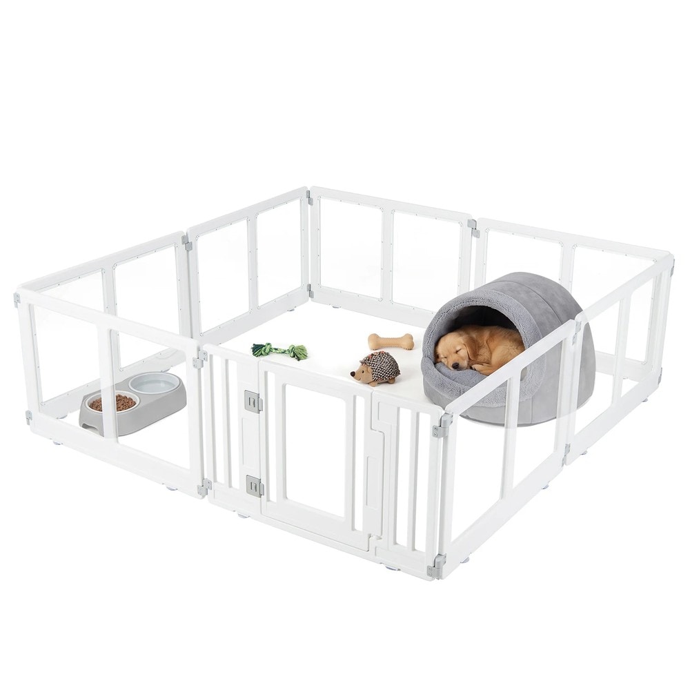 Hundhage i plast med 8 paneler och låsbar dörr - Transparent/Vit / Valphage / Hundstaket