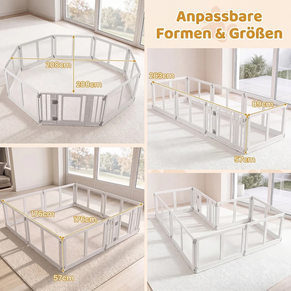 Hundhage i plast med 8 paneler och låsbar dörr - Transparent/Vit / Valphage / Hundstaket