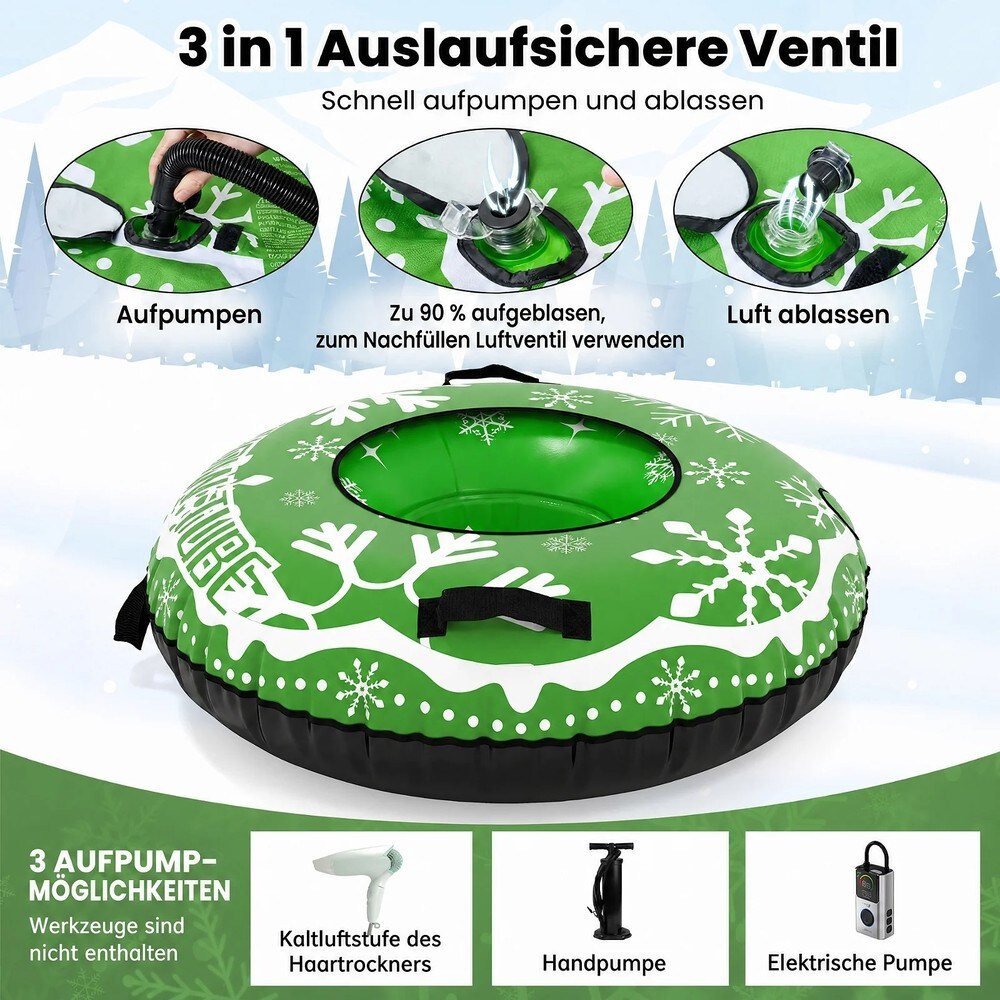 Uppblåsbar snöpulka 107cm med dragrem - Grön / Snowtube med handtag / Uppblåsbar snöring