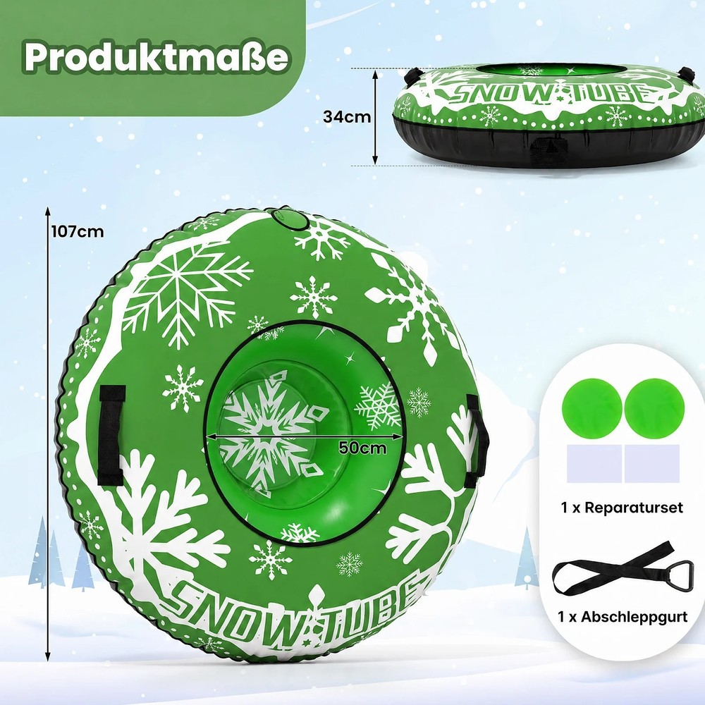 Uppblåsbar snöpulka 107cm med dragrem - Grön / Snowtube med handtag / Uppblåsbar snöring