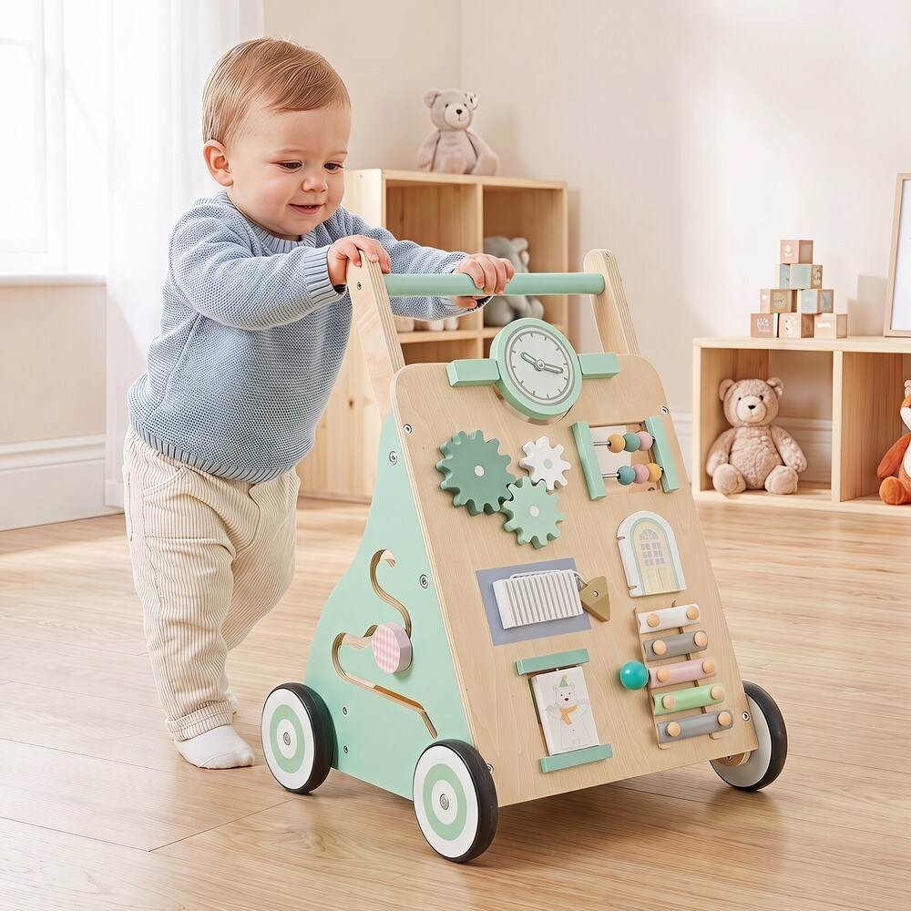 Gåvagn för baby med aktivitetscenter - Grön / Aktivitetsvagn i trä / Lära-gå-leksak