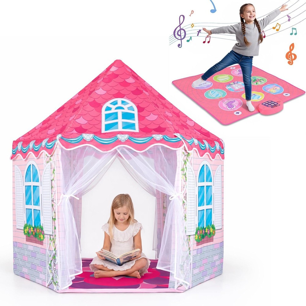 Lektält för barn med dansmatta - Rosa / Slottstält med musik / Lekhus med dansspel