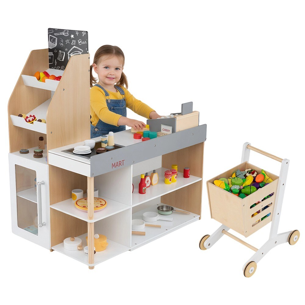 Leksaksaffär i trä med kundvagn - Natur / Lekbutik med kassapparat / Leksakssupermarket