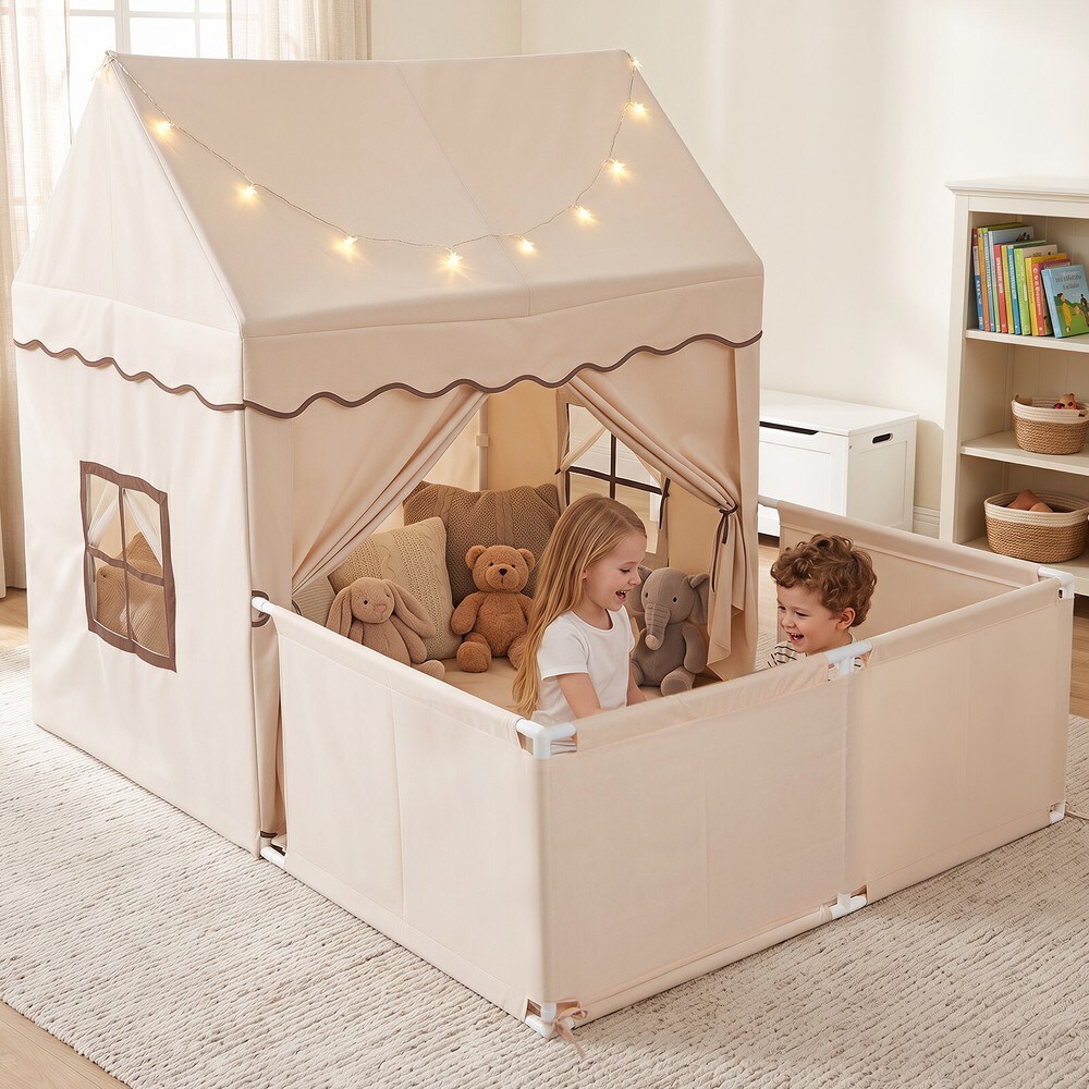 Lektält med lekstuga och vadderad matta - Beige/Brun / Lekhus med ljusslinga / Barntält