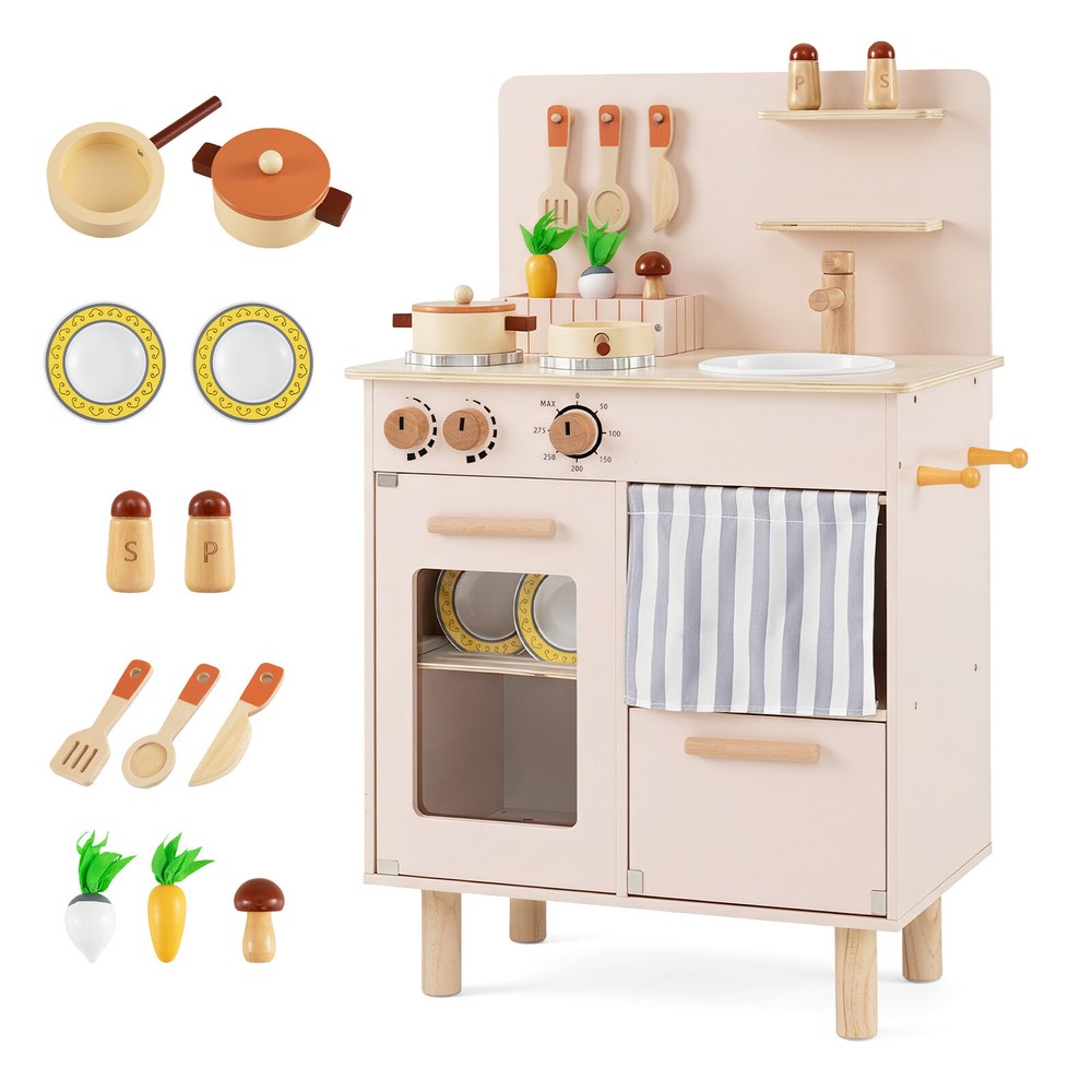 Lekkök i trä med spis, kran och diskho - Beige / Barnkök med tillbehör / Leksakskök