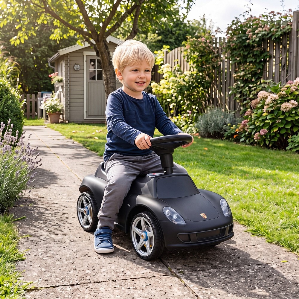 Sparkbil för barn Porsche med tuta och ljud - Svart / Åkbil för småbarn / Fotdriven sittbil