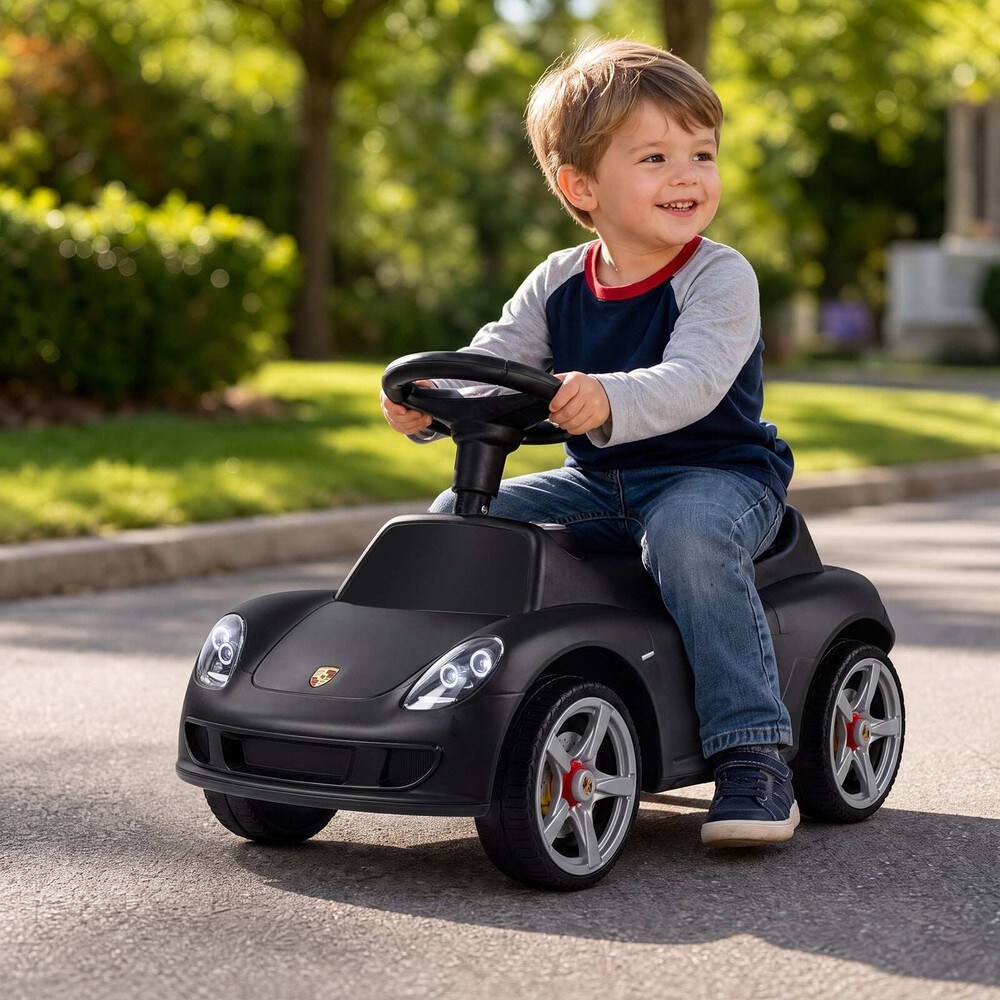 Sparkbil för barn Porsche med tuta och ljud - Svart / Åkbil för småbarn / Fotdriven sittbil