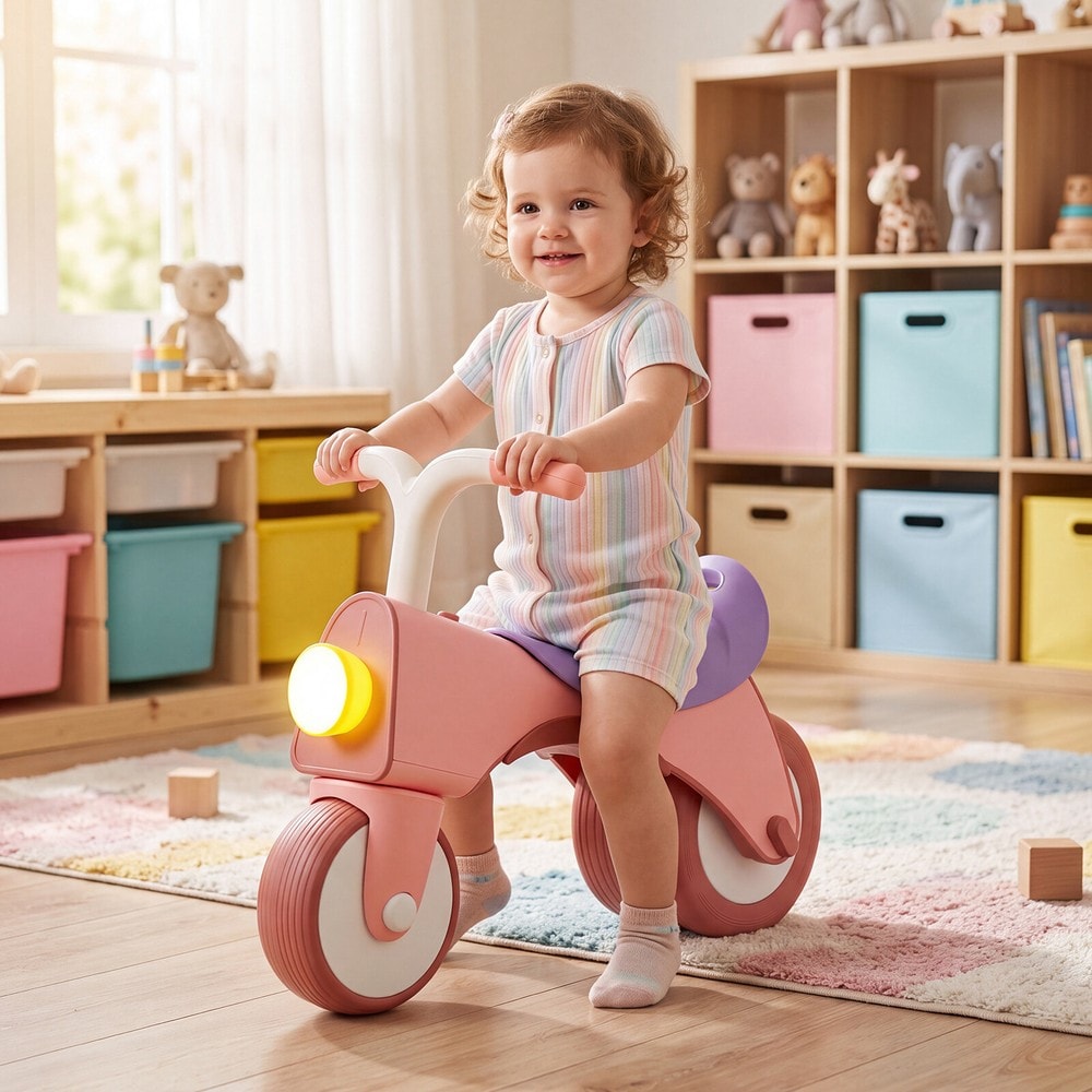 Springcykel för barn med lampor - Rosa / Balanscykel med musik / Pedallös barncykel