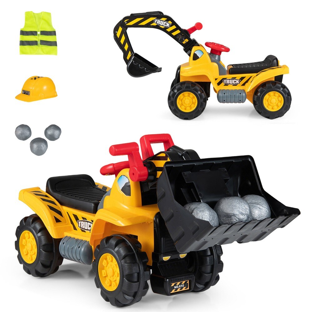 Åkleksak 3-i-1 grävmaskin/bulldozer med motorljud och hjälm / Sittgrävare / Sparkfordon