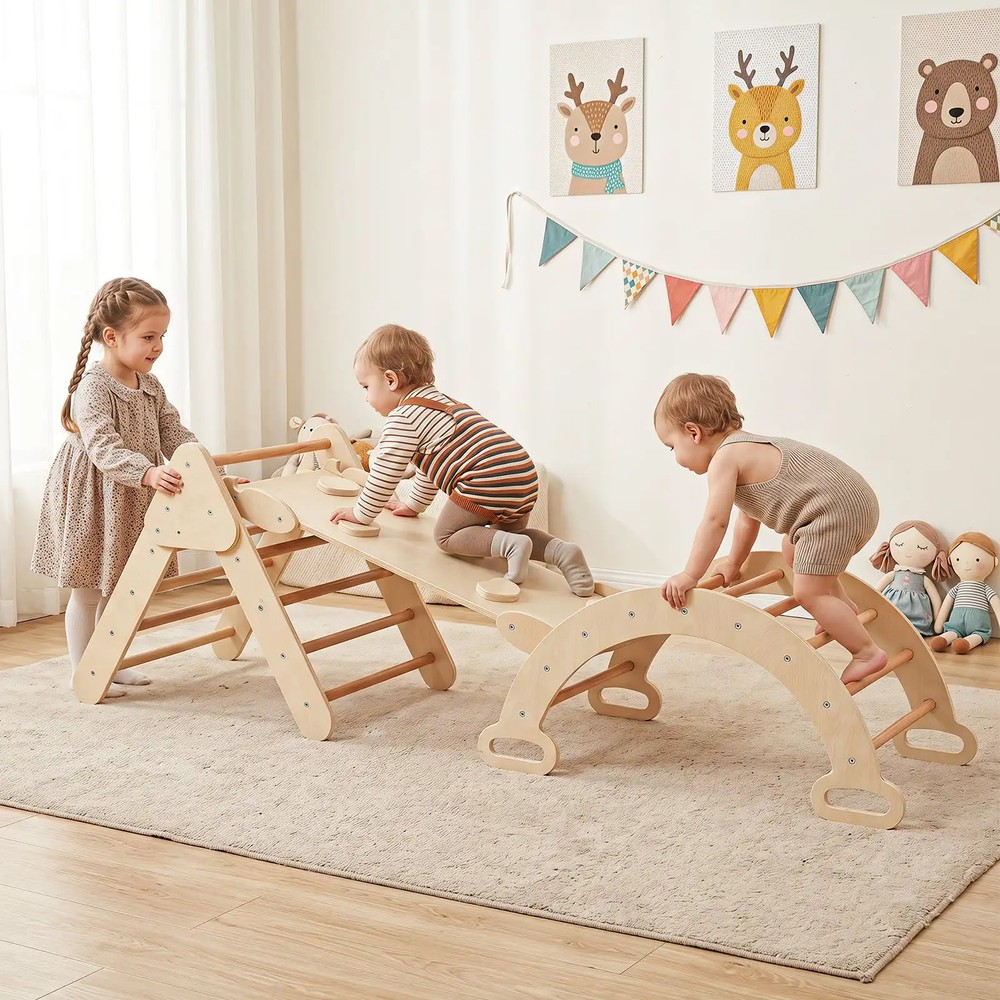 Montessori klätterset i trä 3-i-1, från 1 år - Natur / Klättertriangel / Klätterbåge