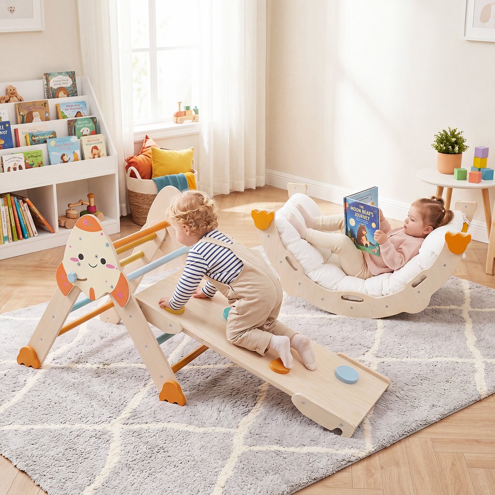 Hopfällbar klätterställning 8-i-1 med raketmotiv - Pastell / Montessori-klätterset / Lekgym