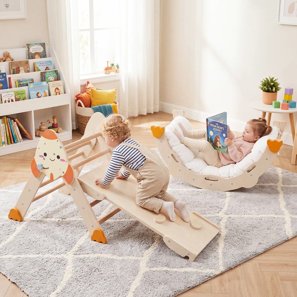 Hopfällbar klätterställning 8-i-1 med raketmotiv - Natur / Montessori-klätterset / Lekgym