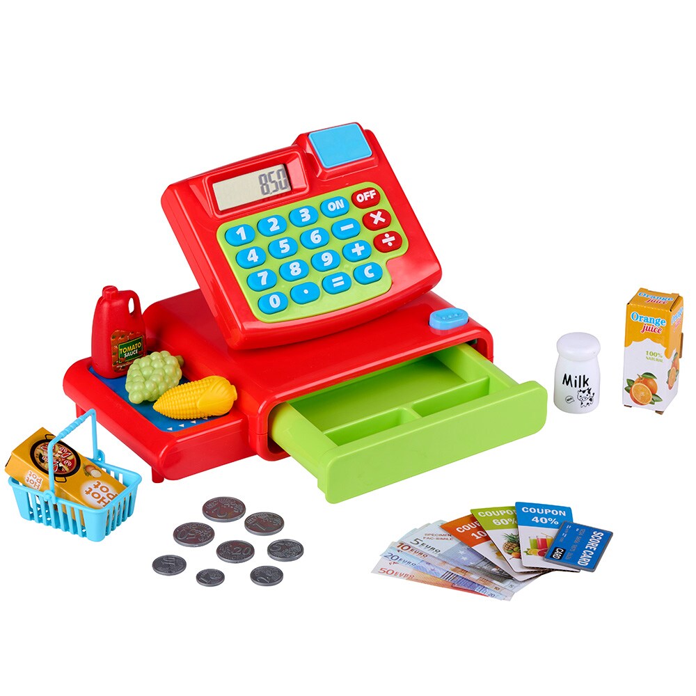 Leksakskassa Eddy Toys 25 delar / kassaapparat med ljud och miniräknare / butiksspel