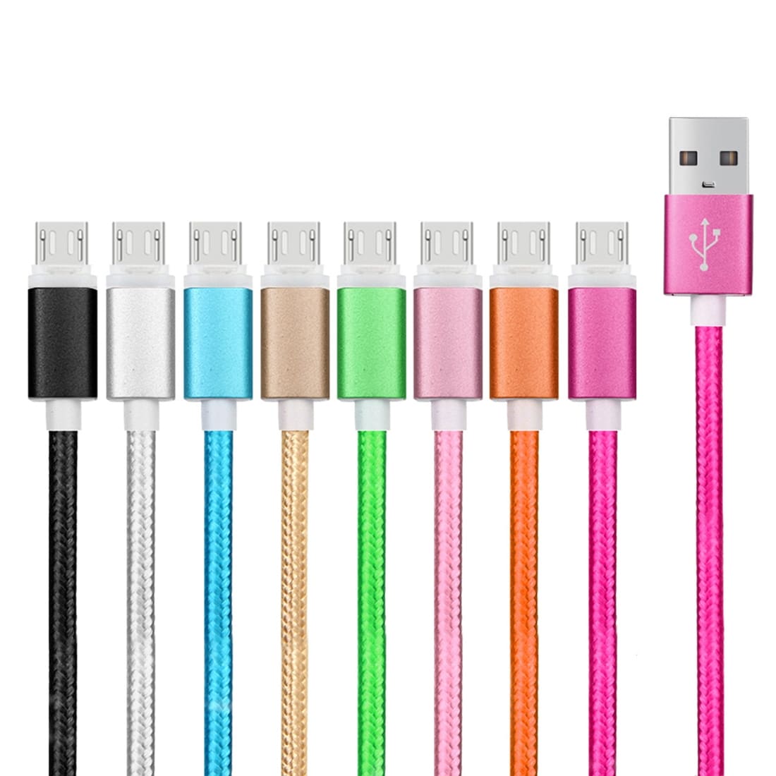 Stryktålig tygbeklädd Usbkabel Micro USB med metallhuvud - Storpack 8st i olika färger