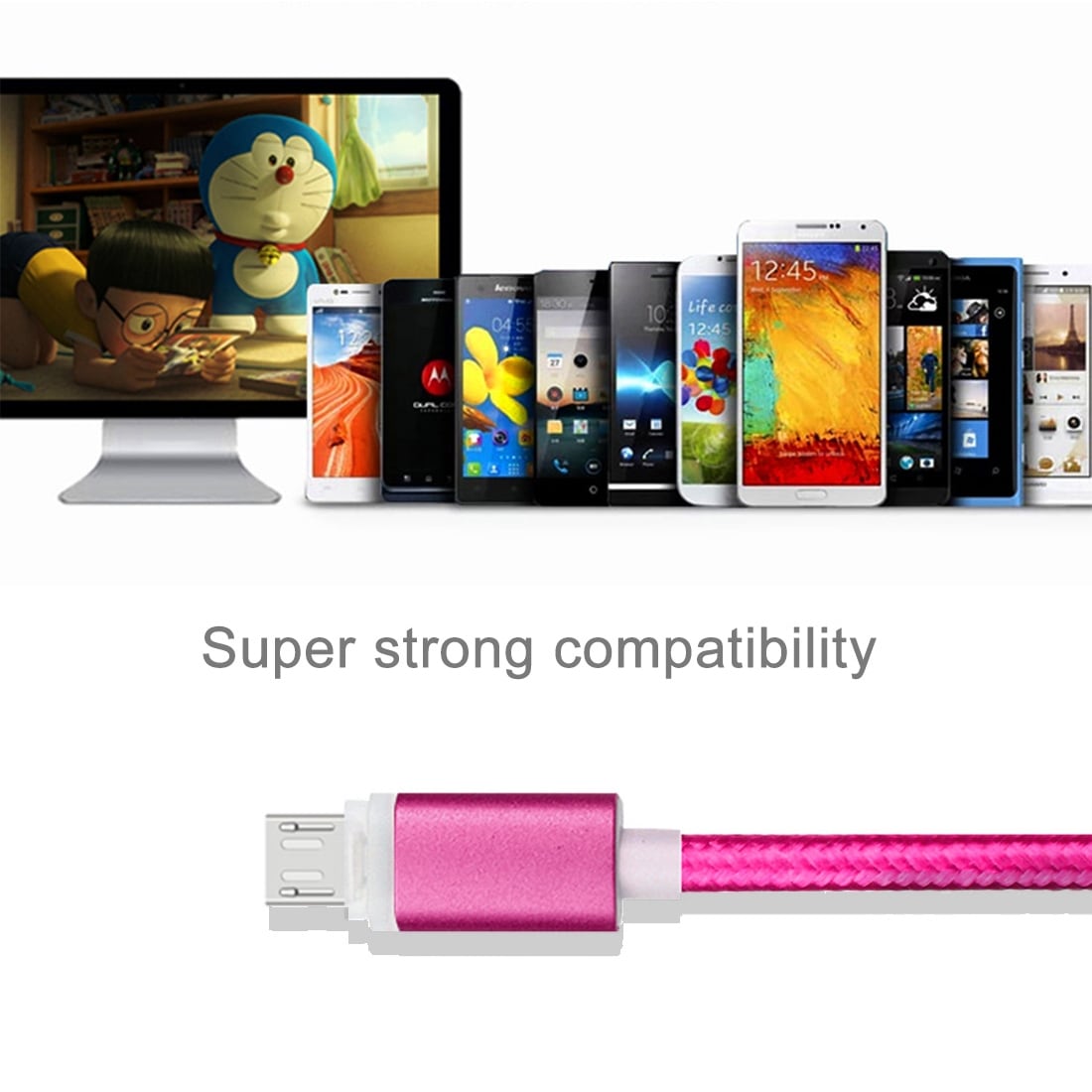 Stryktålig tygbeklädd Usbkabel Micro USB med metallhuvud - Storpack 8st i olika färger